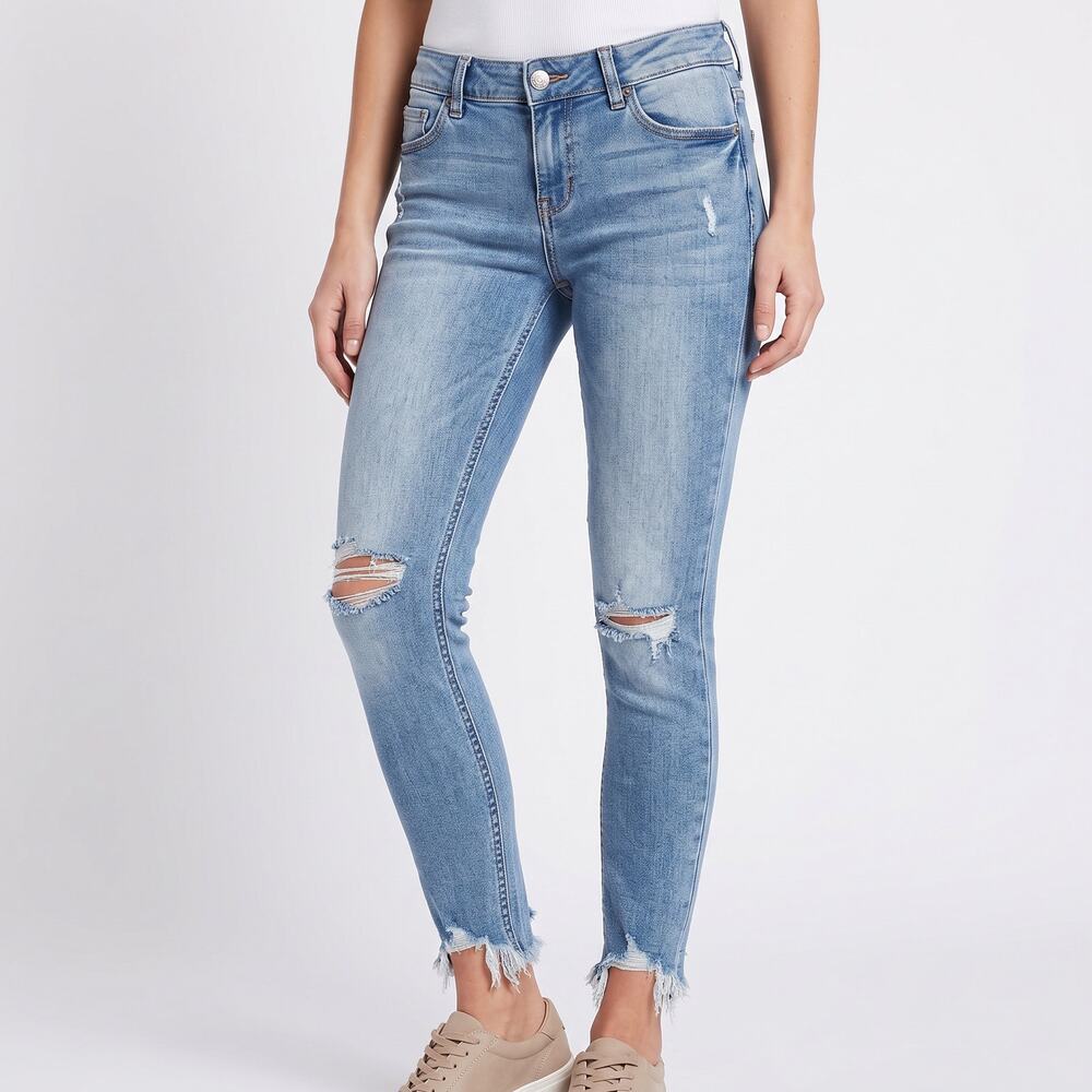 Free People Light Wash Distressed Ankle Skinny Cropped Jeans Raw Frayed Hem -25”